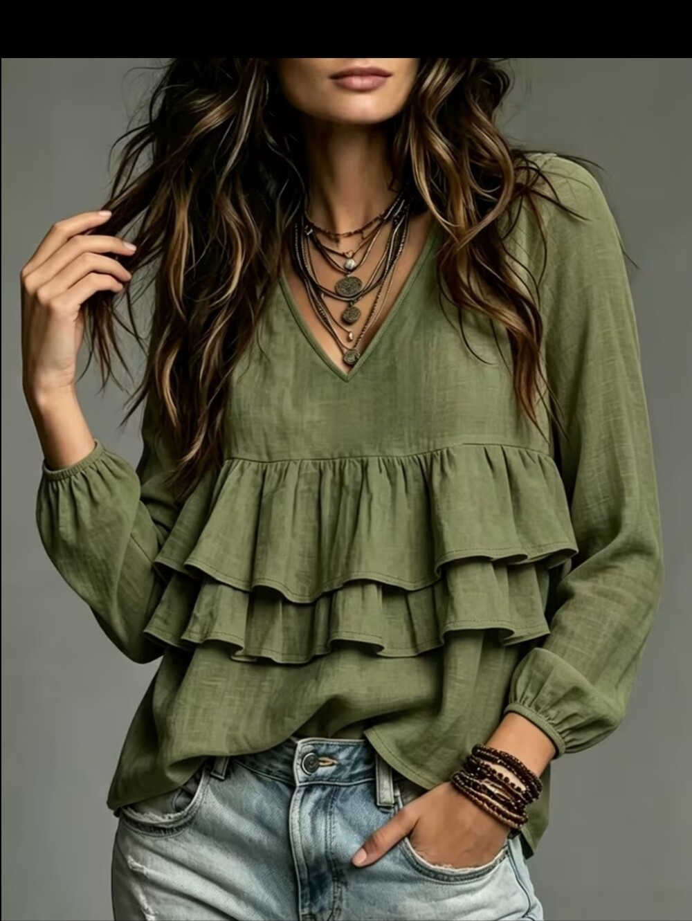 NEW Fern Green Ruffle V-Neck Women's Top ( XXL)